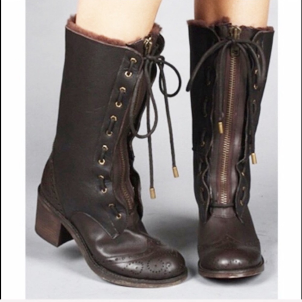 Kelsi Dagger fur lined brown leather boots